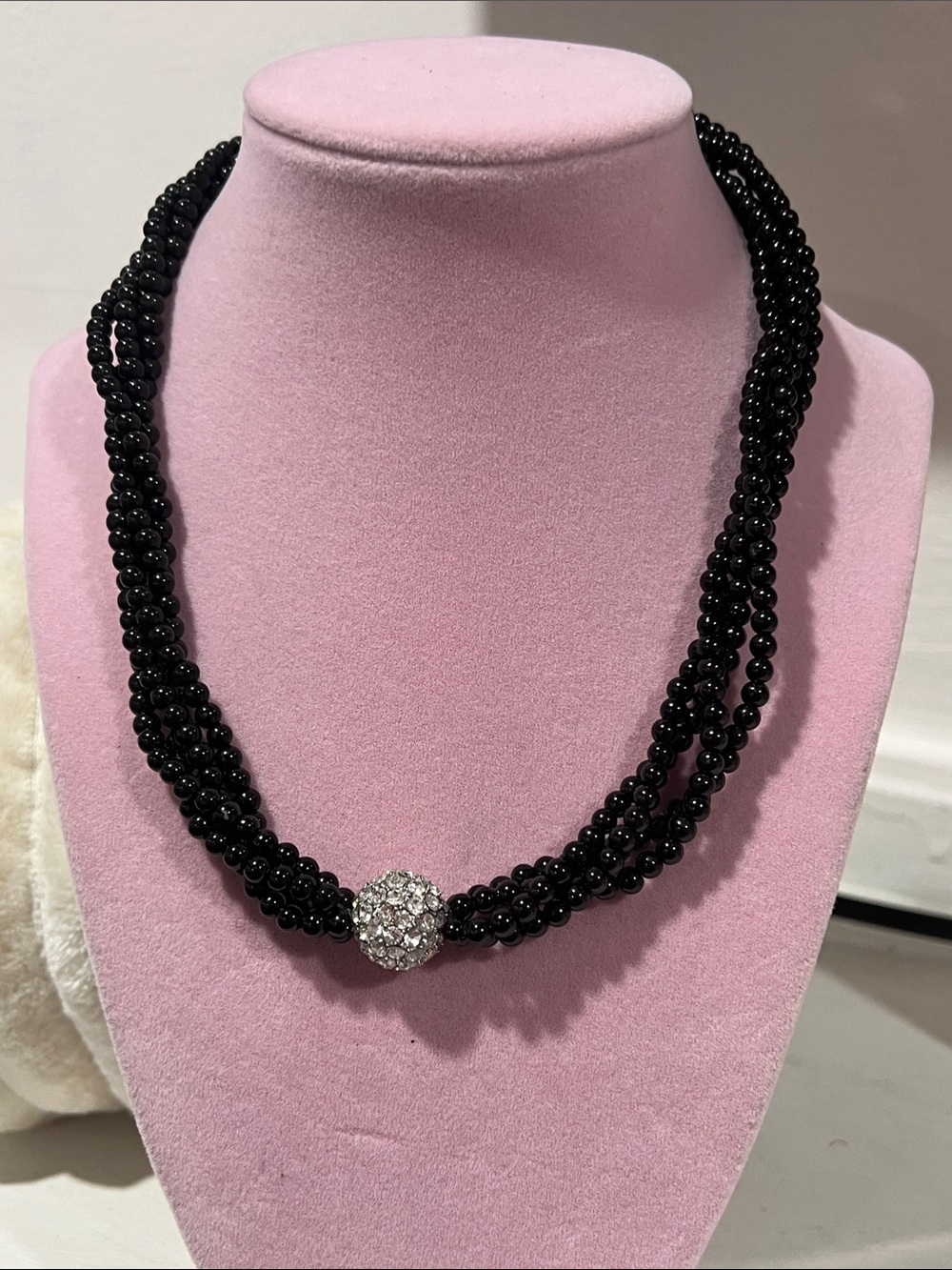 Black Beaded Multi-Strand Necklace with Crystal Accent